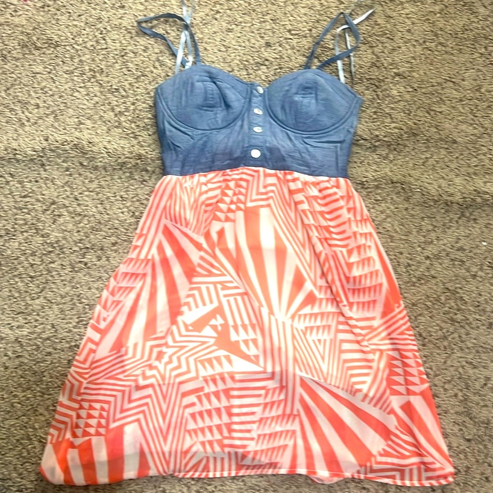 Mini dress- Denim corset with Aztec coral skirt